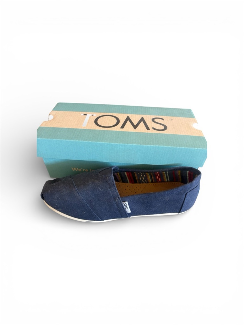 TOMS Alpargata Shoes Navy W/  Striped Lining, sz 9, Like New - SEE DESCRIPTION